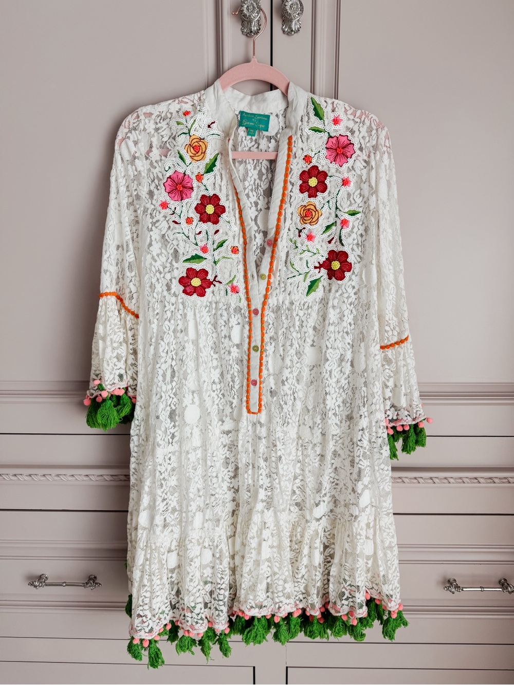 Antica Sartoria White Lace Floral Embroidered Boho Dress with Green Tassels